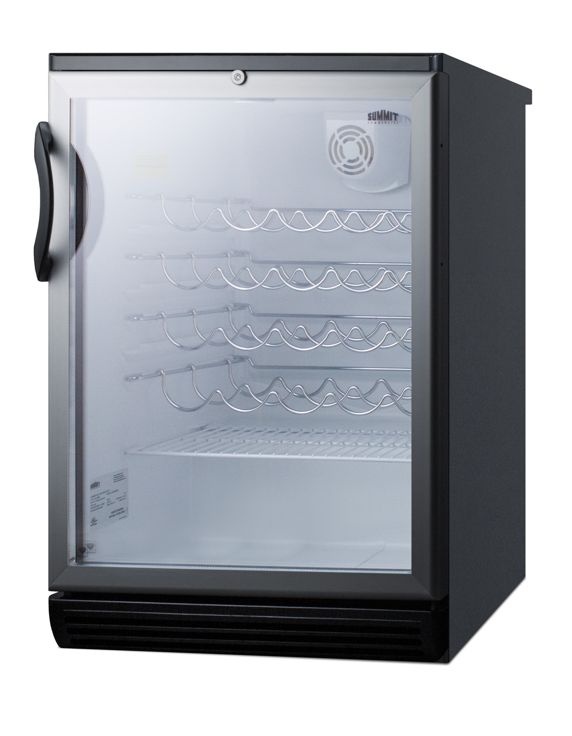 Commercially approved wine cellar for built-in undercounter use, with glass door, black cabinet, and lock